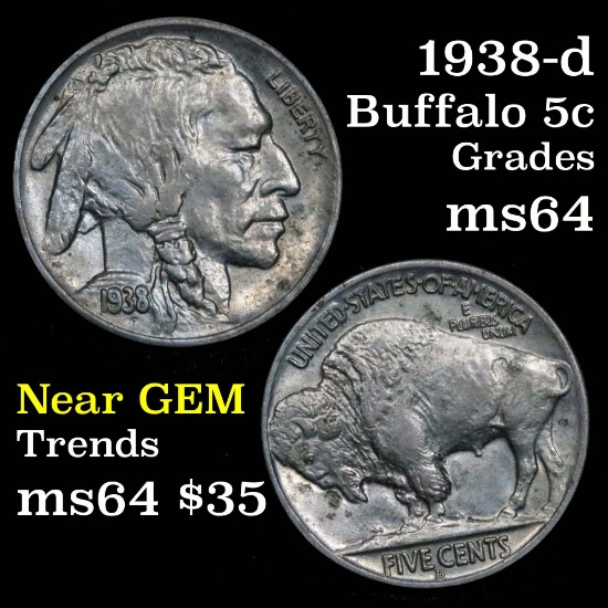 1938-d Buffalo Nickel 5c Grades Choice Unc