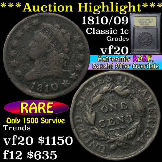 ***Auction Highlight*** 1810/09 Classic Head Large Cent 1c Graded vf, very fine by USCG (fc)