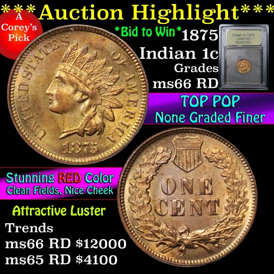 ***Auction Highlight*** 1875 Indian Cent 1c Graded GEM+ Unc RD by USCG (fc)