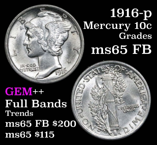 1916-p  Mercury Dime 10c Grades Gem++ Full Bands
