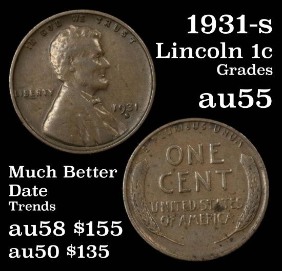 1931-s Lincoln Cent 1c Grades Choice AU