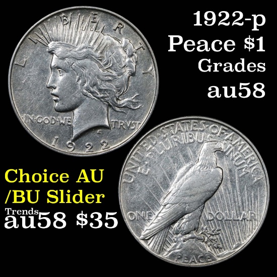 1922-p Peace Dollar $1 Grades Choice AU/BU Slider