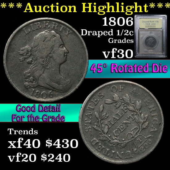 1806 Draped Bust Half Cent 1/2c Graded vf++ by USCG (fc)