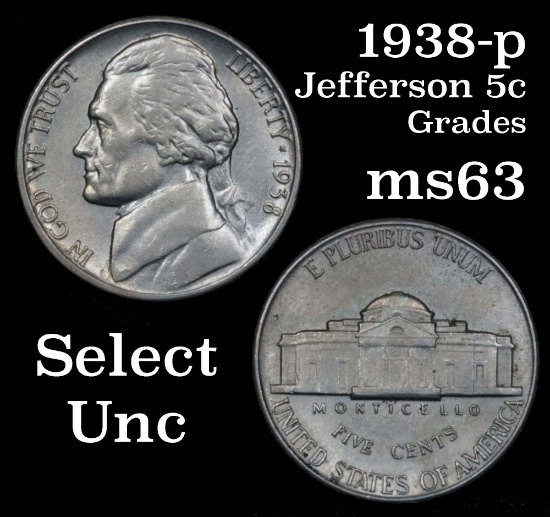 1938-p Jefferson Nickel 5c Grades Select Unc