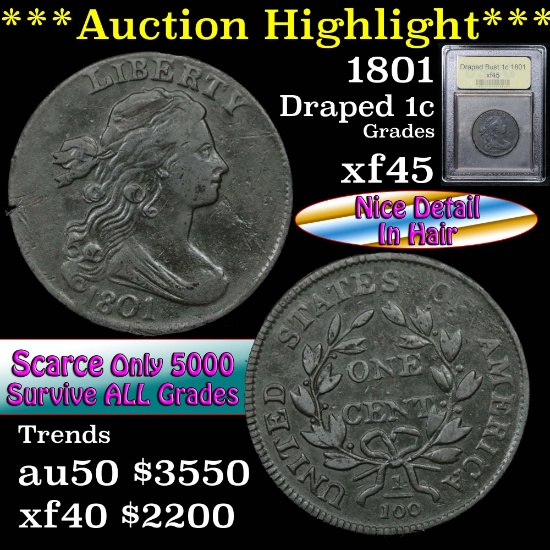 ***Auction Highlight*** 1801 Draped Bust Large Cent 1c Graded xf+ by USCG (fc)