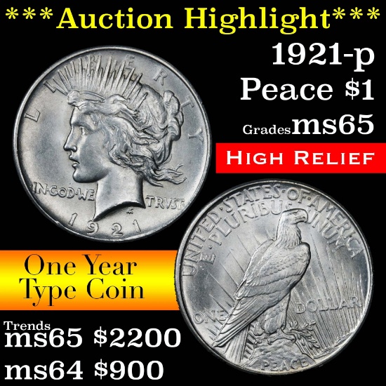 ***Auction Highlight*** 1921-p Peace Dollar $1 Grades GEM Unc (fc)
