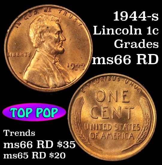 1944-s Lincoln Cent 1c Grades GEM+ Unc RD