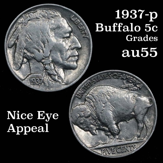 1937-p Buffalo Nickel 5c Grades Choice AU