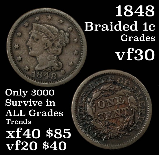 1848 Braided Hair Large Cent 1c Grades vf++