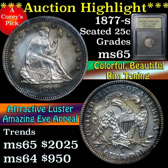 ***Auction Highlight*** 1877-s Seated Liberty Quarter 25c Graded GEM Unc by USCG (fc)