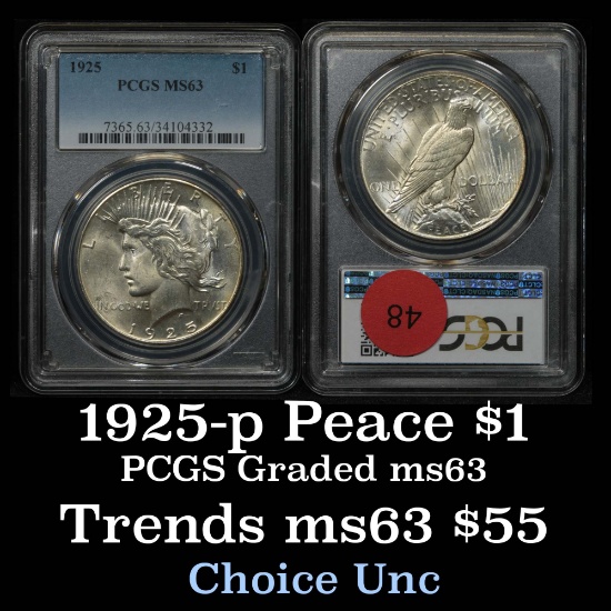 PCGS 1925-p Peace Dollar $1 Graded ms63 By PCGS