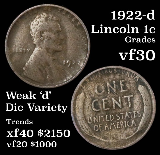 1922-d Lincoln Cent 1c Grades vf++