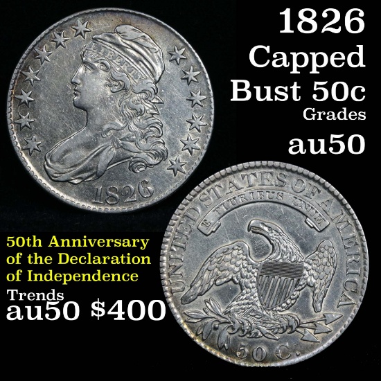 1826 Capped Bust Half Dollar 50c Grades AU, Almost Unc (fc)