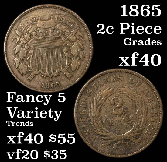 1865 2 Cent Piece 2c Grades xf