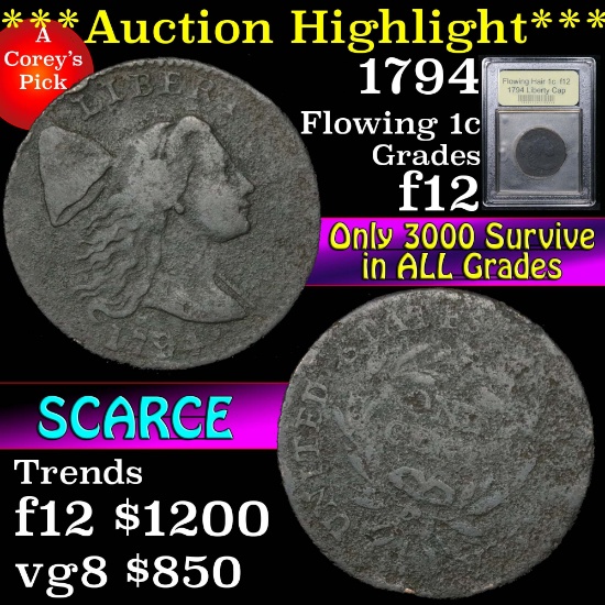 ***Auction Highlight*** 1794 Liberty Cap Flowing Hair large cent 1c Graded f, fine by USCG (fc)