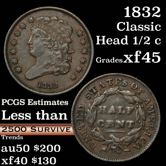 1832 Classic Head half cent 1/2c Grades xf+