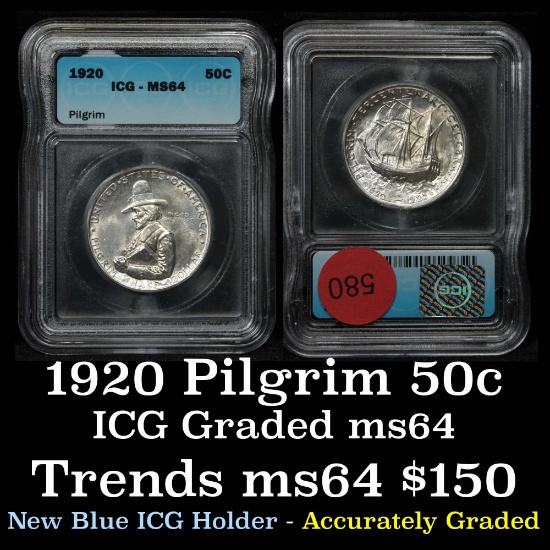 1920 Pilgrim Old Commem Half Dollar 50c Graded ms64 By ICG