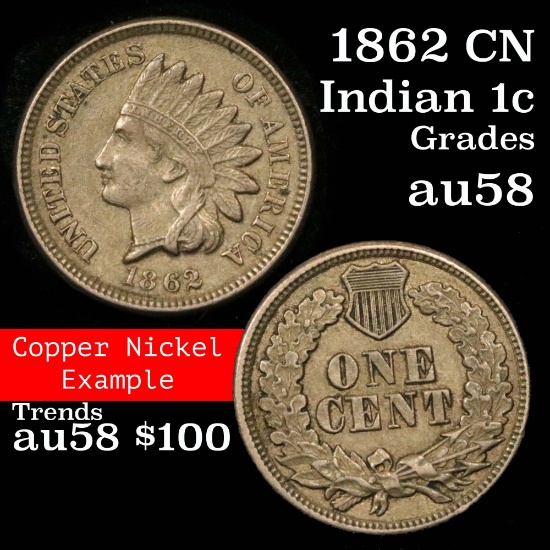 1862 CN Indian Cent 1c Grades Choice AU/BU Slider