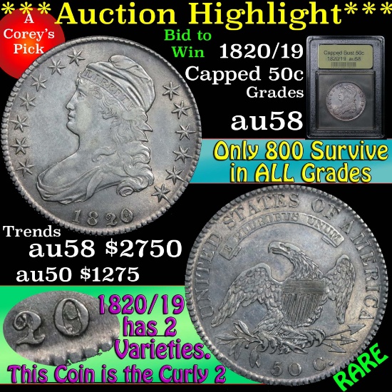 ***Auction Highlight*** 1820/19 Capped Bust Half Dollar 50c Graded Choice AU/BU Slider by USCG (fc)