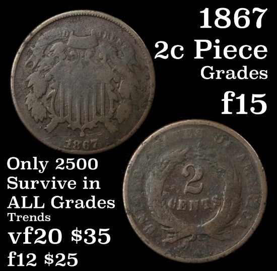 1867 2 Cent Piece 2c Grades f+