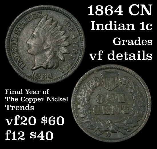 1864 CN Indian Cent 1c Grades vf details