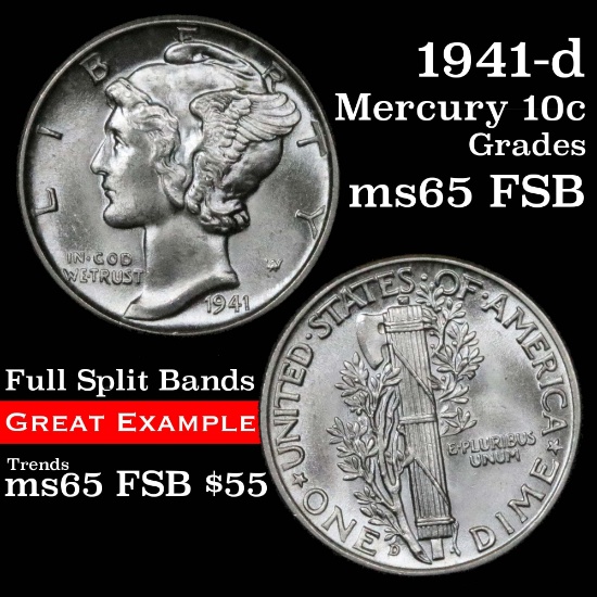 1941-d Mercury Dime 10c Grades GEM FSB