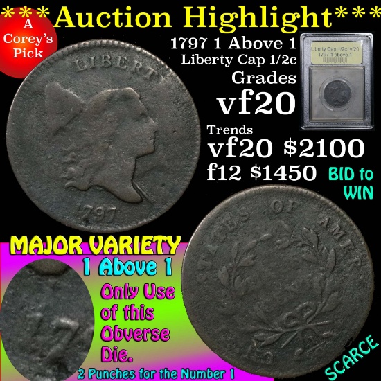 ***Auction Highlight*** 1797 1 above 1 Liberty Cap Half Cent 1/2c Graded vf, very fine by USCG (fc)