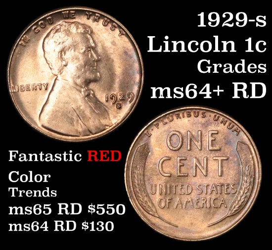 1929-s Lincoln Cent 1c Grades Choice+ Unc RD (fc)