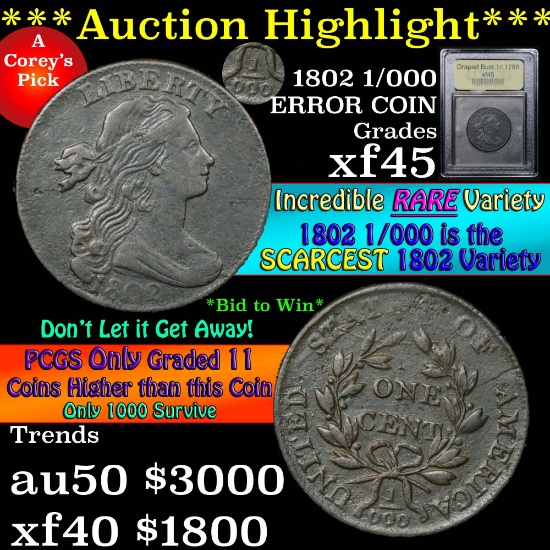 ***Auction Highlight*** 1802 1/000 Draped Bust Large Cent 1c Graded xf+ by USCG (fc)