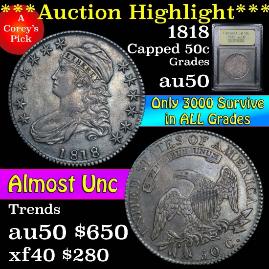 ***Auction Highlight*** 1818 Capped Bust Half Dollar 50c Graded AU, Almost Unc by USCG (fc)