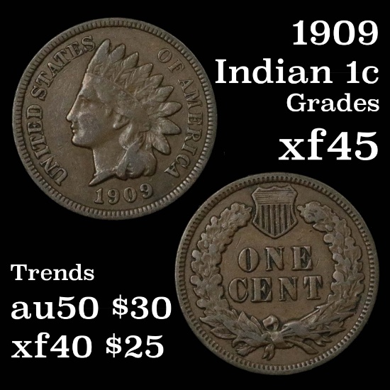 1909 Indian Cent 1c Grades xf+