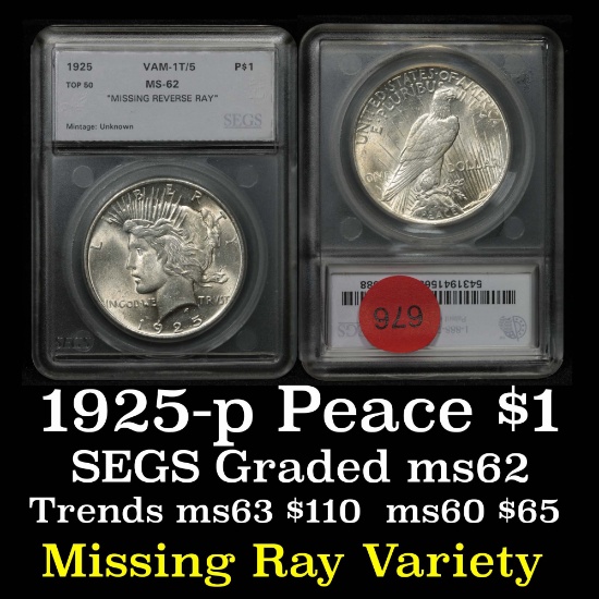 1925-p Peace Dollar $1 Graded ms62 By SEGS