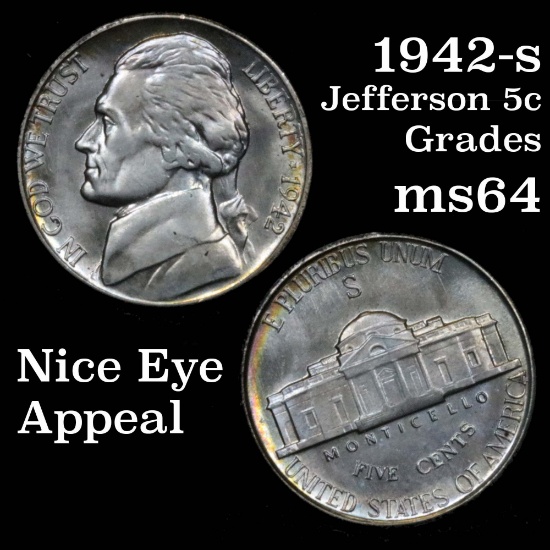 1942-s Jefferson Nickel 5c Grades Choice Unc