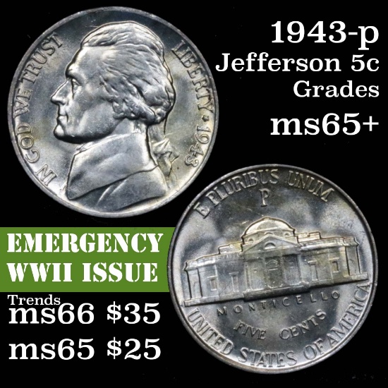 1943-p Jefferson Nickel 5c Grades GEM+ Unc