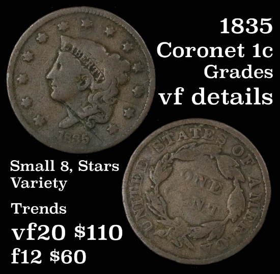 1835 Coronet Head Large Cent 1c Grades vf details