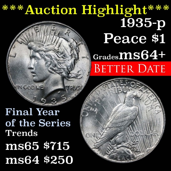 ***Auction Highlight*** 1935-p Peace Dollar $1 Grades Choice+ Unc (fc)