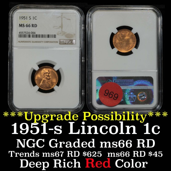 NGC 1951-s Lincoln Cent 1c Graded ms66 RD By NGC