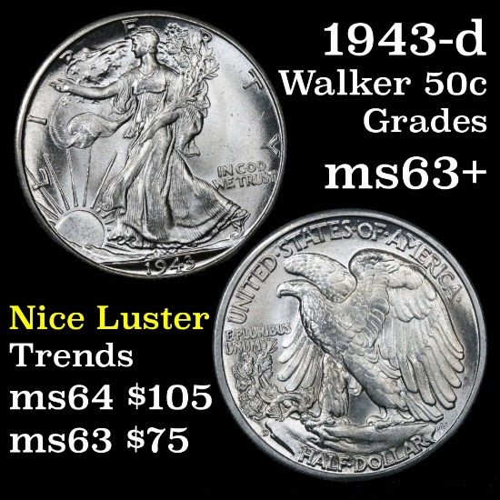 1943-d Walking Liberty Half Dollar 50c Grades Select+ Unc