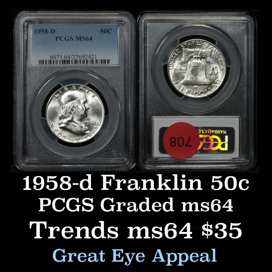 PCGS 1958-d Franklin Half Dollar 50c Graded ms64 By PCGS