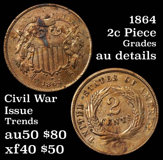 1864 2 Cent Piece 2c Grades AU Details