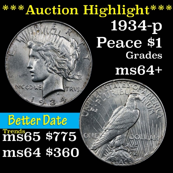 ***Auction Highlight*** 1934-p Peace Dollar $1 Grades Choice+ Unc (fc)