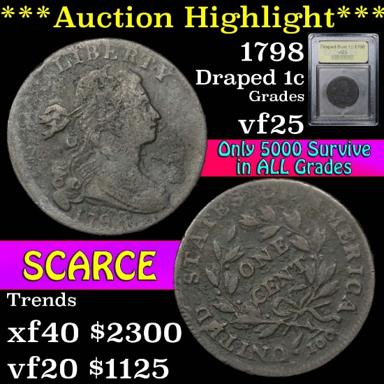 ***Auction Highlight*** 1798 Draped Bust Large Cent 1c Graded vf+ by USCG (fc)