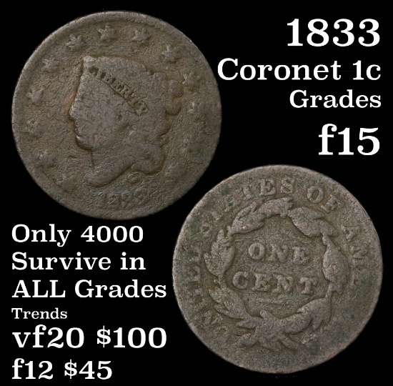 1833 Coronet Head Large Cent 1c Grades f+