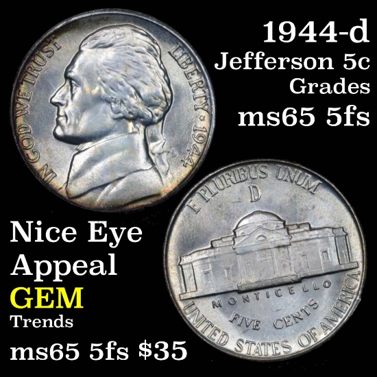 1944-d Jefferson Nickel 5c Grades GEM 5fs