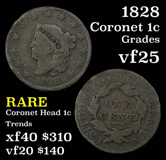 1828 Coronet Head Large Cent 1c Grades vf+ (fc)