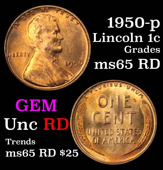 1950-p Lincoln Cent 1c Grades GEM Unc RD