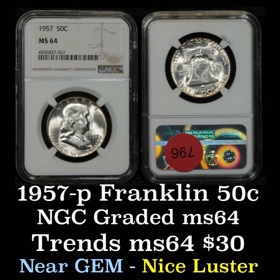NGC 1957-p Franklin Half Dollar 50c Graded ms64 By NGC