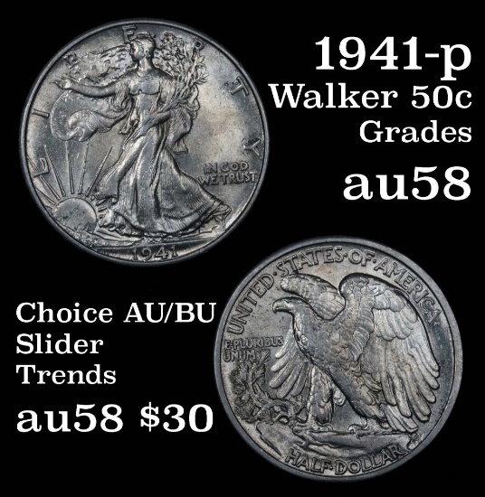 1941-p Walking Liberty Half Dollar 50c Grades Choice AU/BU Slider