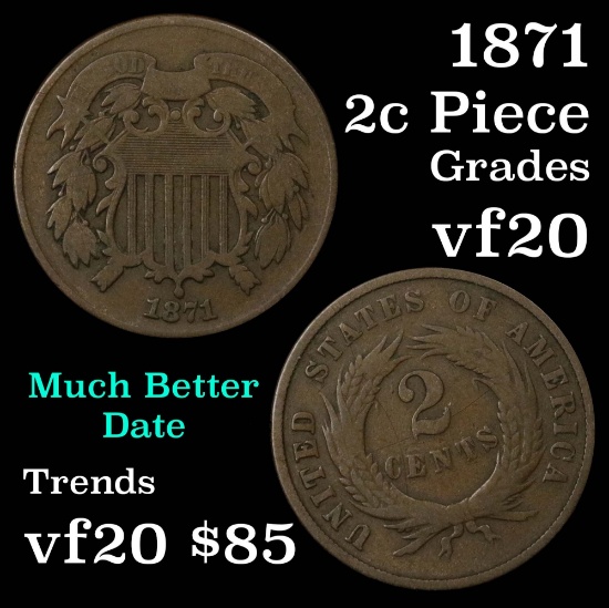 1871 2 Cent Piece 2c Grades vf, very fine