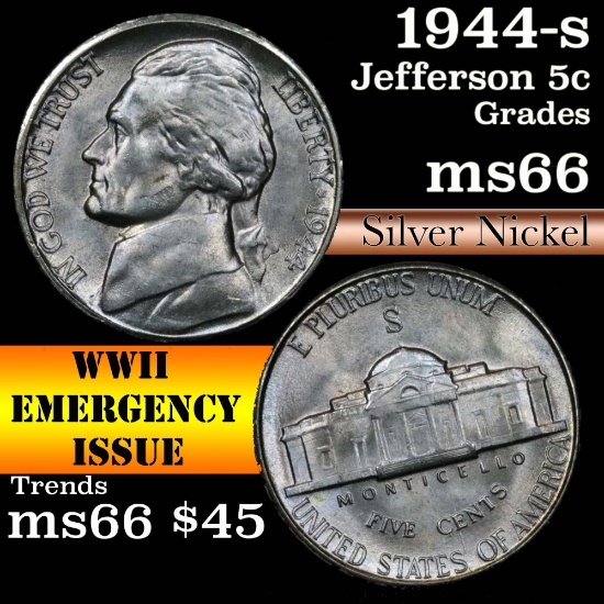 1944-s Jefferson Nickel 5c Grades GEM+ Unc